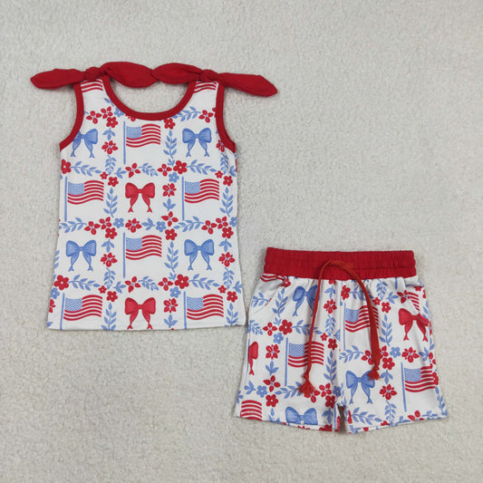 RTS Baby Girls Kids Flags Bows Flowers Tops Pockets Shorts 4th of July Clothes Set