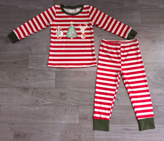 No moq Preorder Baby Boy Kids Embroidery Deer Duck Shirt Red Stripes Pants Set Christmas Pajamas Clothes