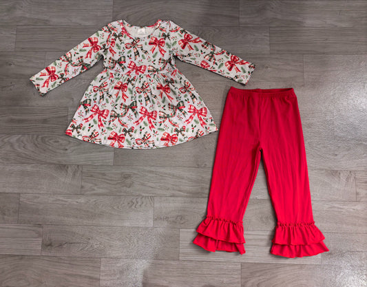 No moq Preorder Baby Girls Kids Long Sleeves Bows Christmas Shirt Red Pants Set Clothes