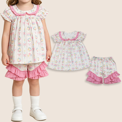 Baby Girls Kids Short Sleeves Flower Bows Tunic Ruffle Shorts Birthday Set Clothes