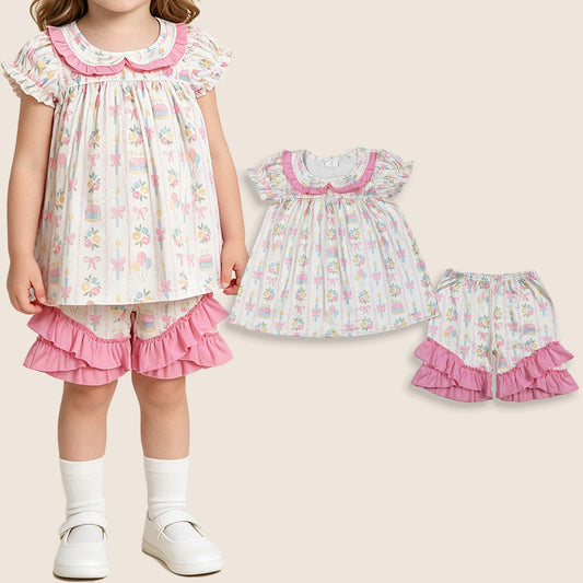Baby Girls Kids Short Sleeves Flower Bows Tunic Ruffle Shorts Birthday Set Clothes