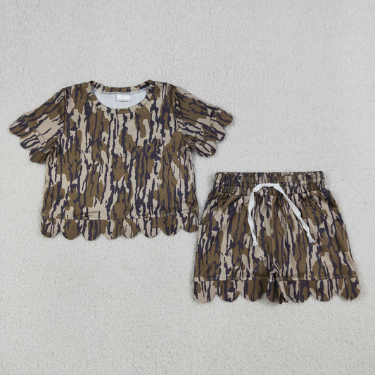 RTS Baby Girls Short Sleeves Scallop Shirt Camo Shorts Summer Clothes Set