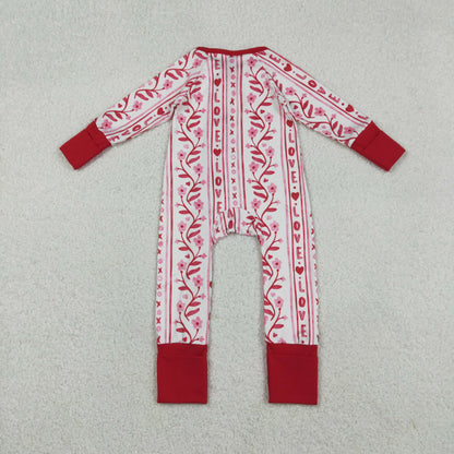 Baby Girls Long Sleeves Flower Hearts Valentine Red Zipper Sleeper Romper