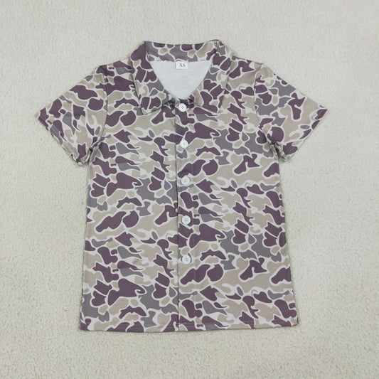 Adult Men Short Sleeves Dark Grey Camo Buttons Cardigan Shirt Tops
