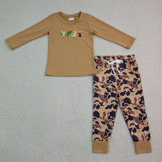 Baby Boys Kids Embroidery Dogs Ducks Deer Shirt Pockets Camo Pants Set Clothes