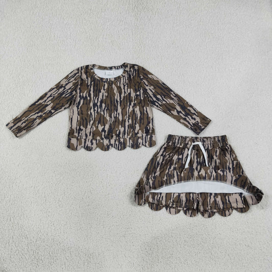 Baby Girls Kids Long Sleeves Shirt Scallop Pockets Skirt Shorts Olive Camo Set Clothes