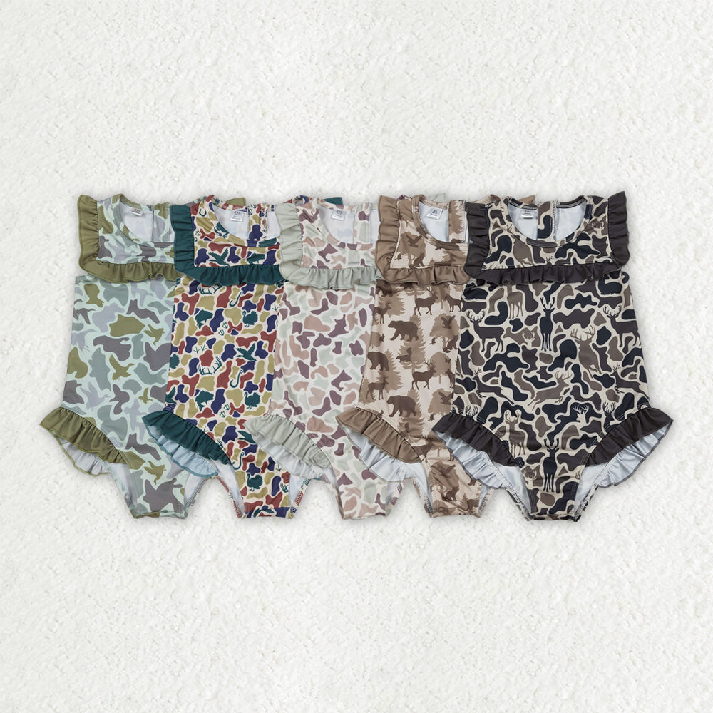RTS Sibling Baby Girls Kids Short Sleeves Ducks Camo Ruffle One-piece Swimsuits