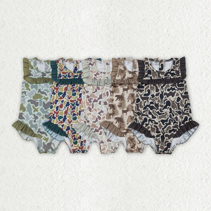 RTS Sibling Baby Girls Kids Short Sleeves Ducks Camo Ruffle One-piece Swimsuits