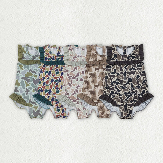 RTS Sibling Baby Girls Kids Short Sleeves Ducks Camo Ruffle One-piece Swimsuits