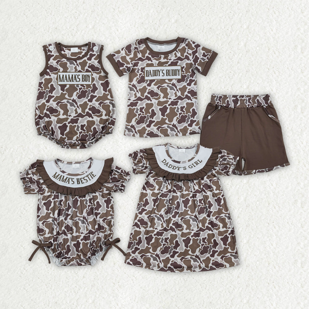 RTS Sibling Baby Boys Girls Embroidery Mama's Boy Girl Camo Rompers Dress Set Clothes