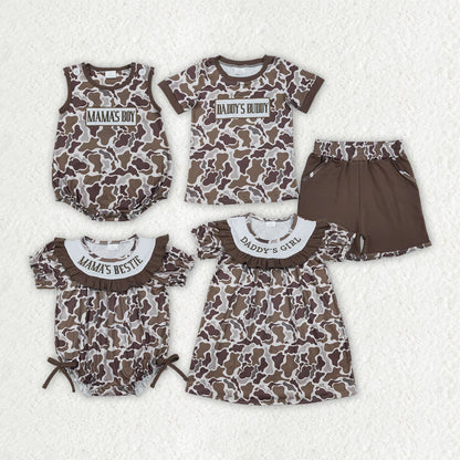RTS Sibling Baby Boys Girls Embroidery Mama's Boy Girl Camo Rompers Dress Set Clothes
