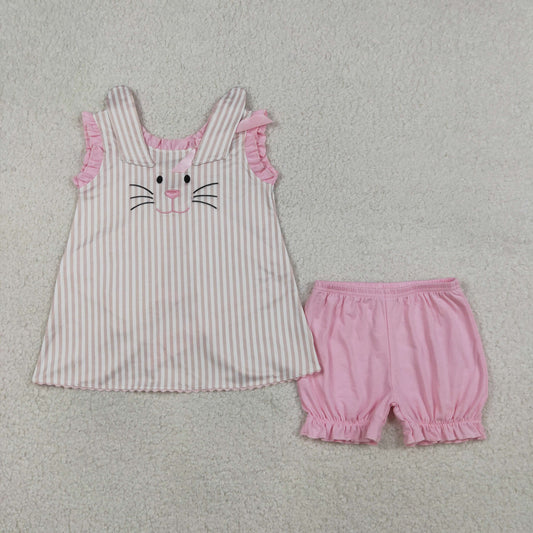 RTS Baby Girls KIds Embroidery Rabbits Bows Stripes Tops Pink Shorts Easter Set