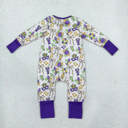 Baby Girls Kids Long Sleeves Crawfish Bows Mardi Gras Zipper Footie Sleeper Romper Clothes RTS
