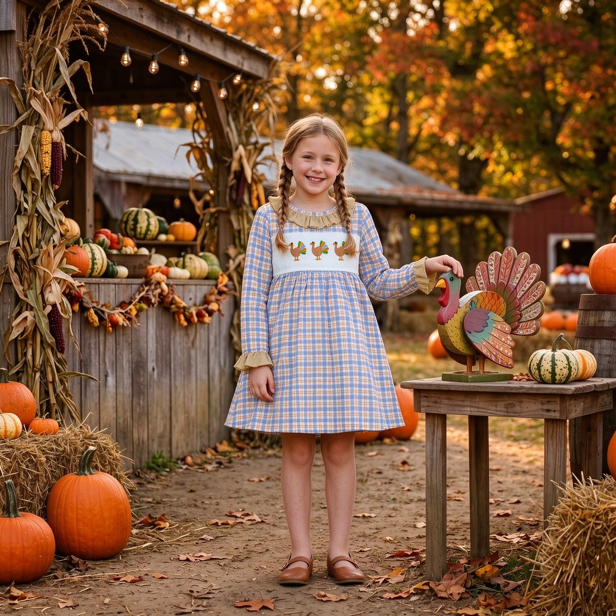 Baby Girls Kids Embroidery turkey Thanksgiving Plaid Knee Length Dress Clothes RTS
