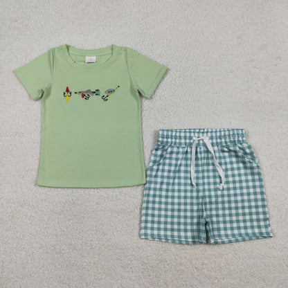 Baby Girls Short Sleeves Embroidery Fishing Shirt Plaid Ruffle Shorts Clothes Set