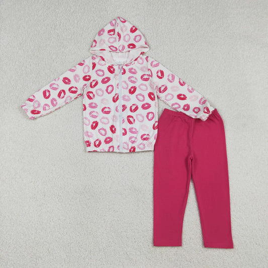 Baby Girls Long Sleeves Mouths Zipper Hoodie Tops Pink Leggings Pants Valentine Clothes Set