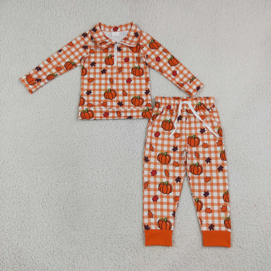 Baby Boys Kids Pumpkins Plaid Zipper Pullover Pockets Pants Set Fall Clothes