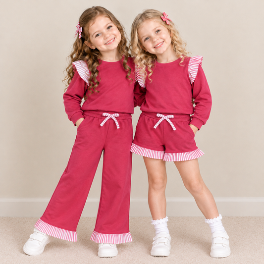 Sibling Baby Girls Kids Long Sleeves Shirts Pockets Shorts Pants Cotton Sets Hot Pink Clothes
