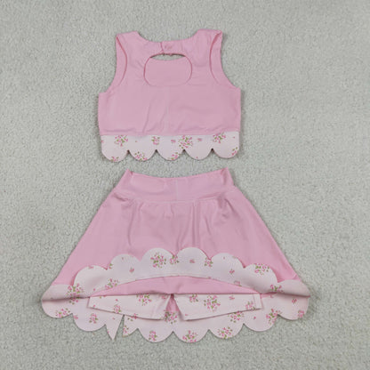 Baby Girls Pink Sleeveless Tops Bows Skirt Shorts Yoga Clothes Set
