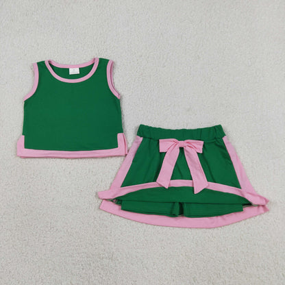 Baby Girls Kids Sleeveless Green Tops Pockets Skirt Shorts Cotton Set