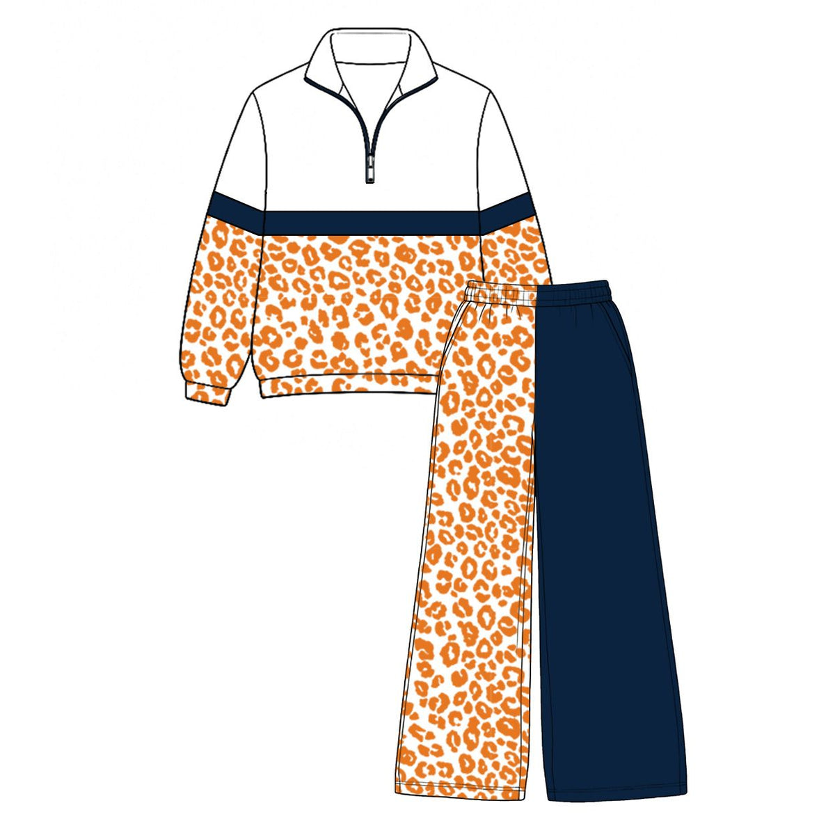 Moq 5  Preorder Baby Girls Kids Long Sleeves Zipper Pullover Leopard Navy Pants Set Clothes