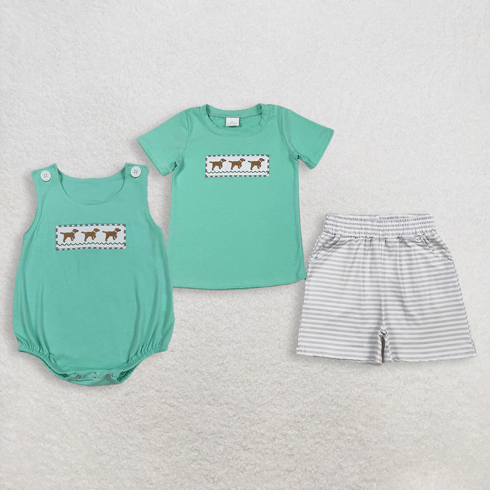 RTS Sibling Baby Boys Kids Embroidery Dogs Green Bubble Romper Set Summer Clothes