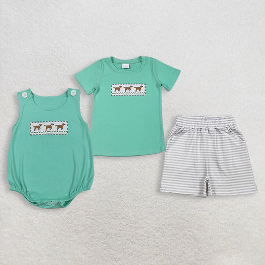 RTS Sibling Baby Boys Kids Embroidery Dogs Green Bubble Romper Set Summer Clothes