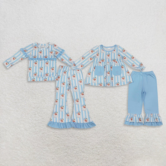 Sibling Baby Girls Kids Long Sleeves Christmas Santa Blue Stripes Tops Pants Sets Clothes