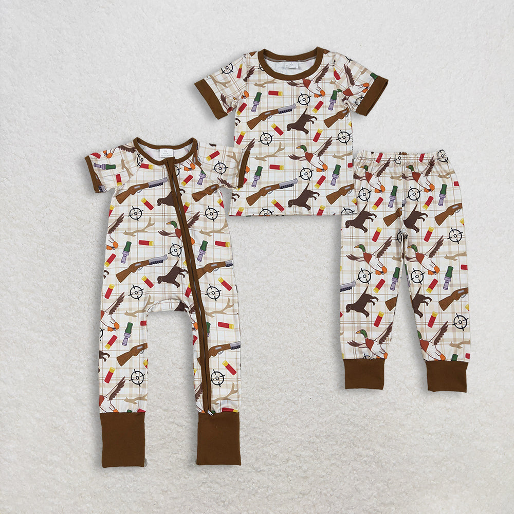 Sibling Baby Boys Short Sleeves Ducks Dogs Plaid Zipper Romper Hunting Outfit Pajamas Clothes