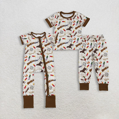 Sibling Baby Boys Short Sleeves Ducks Dogs Plaid Zipper Romper Hunting Outfit Pajamas Clothes