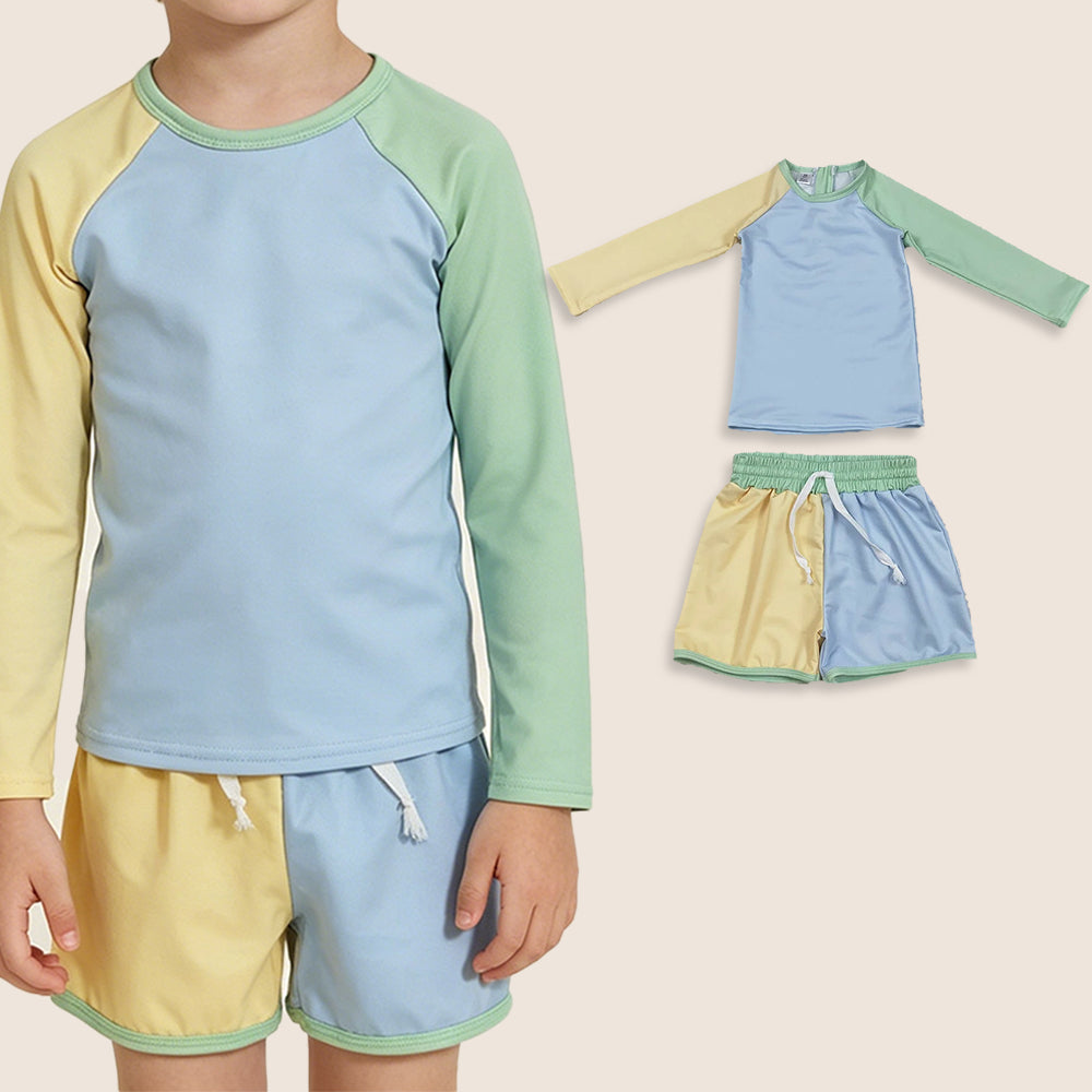 RTS Baby Boys Long Sleeves Zipper Shirt Blue Yellow Shorts Set Swimsuit