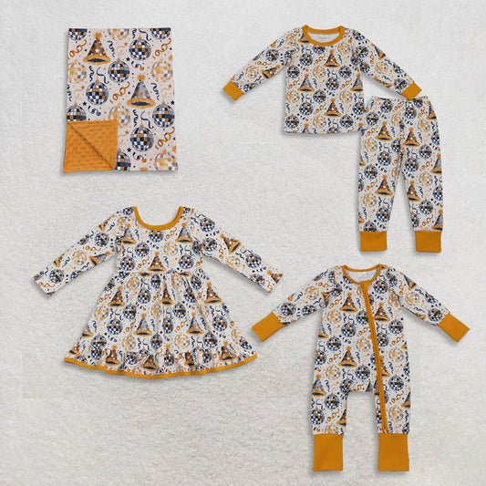 Sibling Baby Boys Girls Kids Hats Happy New Year Romper Dress Set Pajamas Blanket Clothes