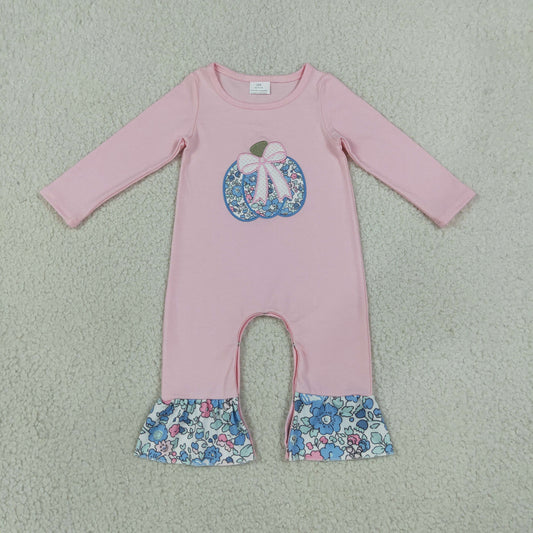 Baby Girls Infant Long Sleeves Embroidery Pumpkin Bow Flower Ruffle Fall Romper