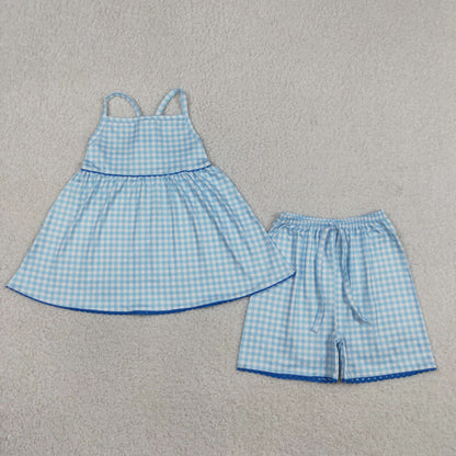 Baby Girls Kids Straps Blue Plaid Tunic Shorts Summer Clothes Set RTS