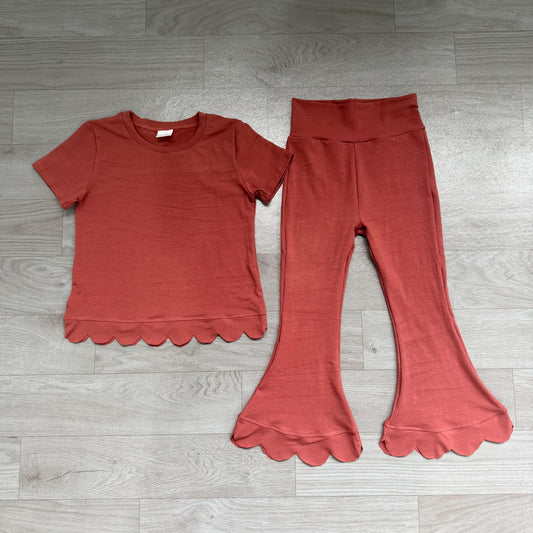 No moq Preorder Baby Girls Kids Short Sleeves Brown Shirt Pants Scallop Set Clothes