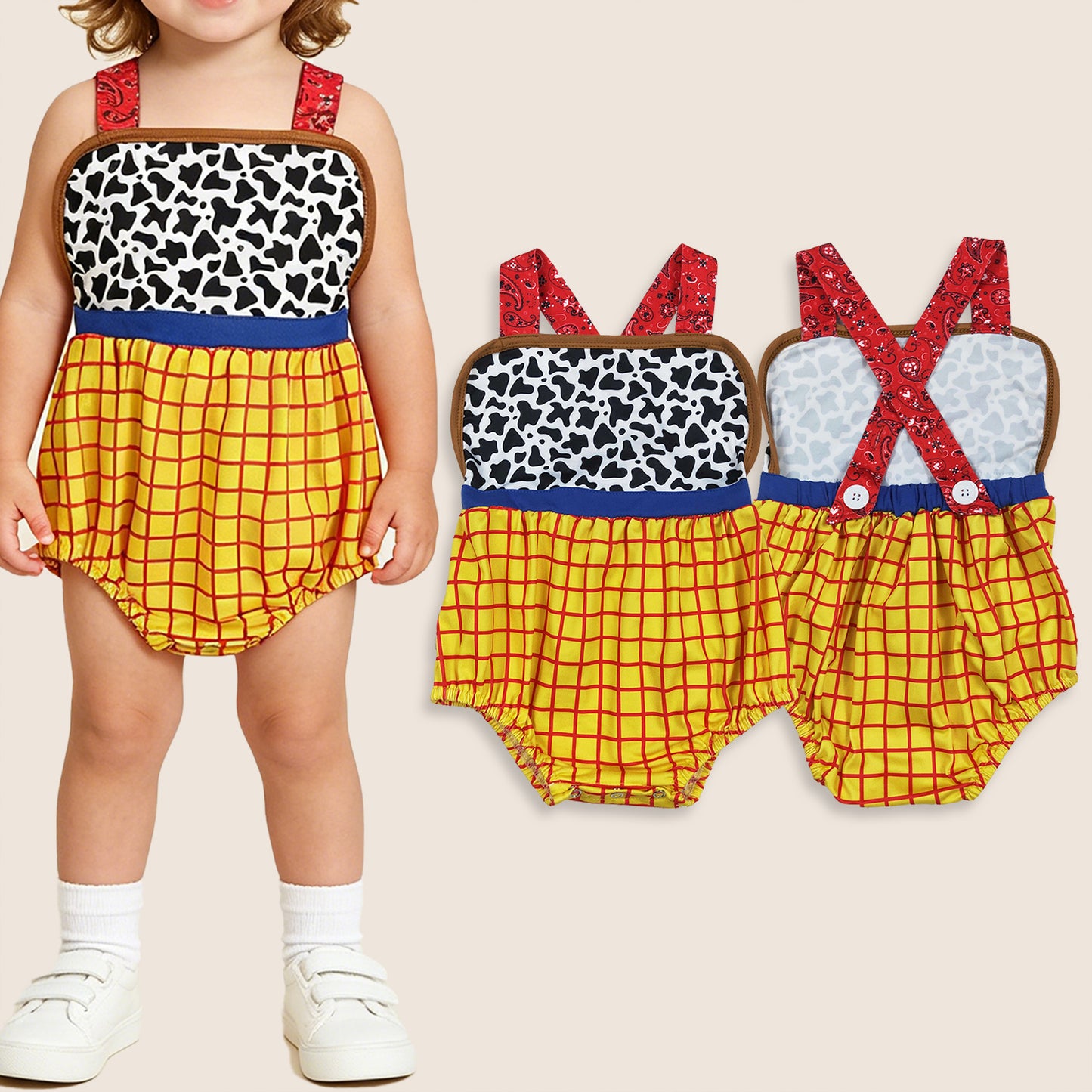 Baby Boys Infant Cow Print Yellow Plaid Bubble Romper
