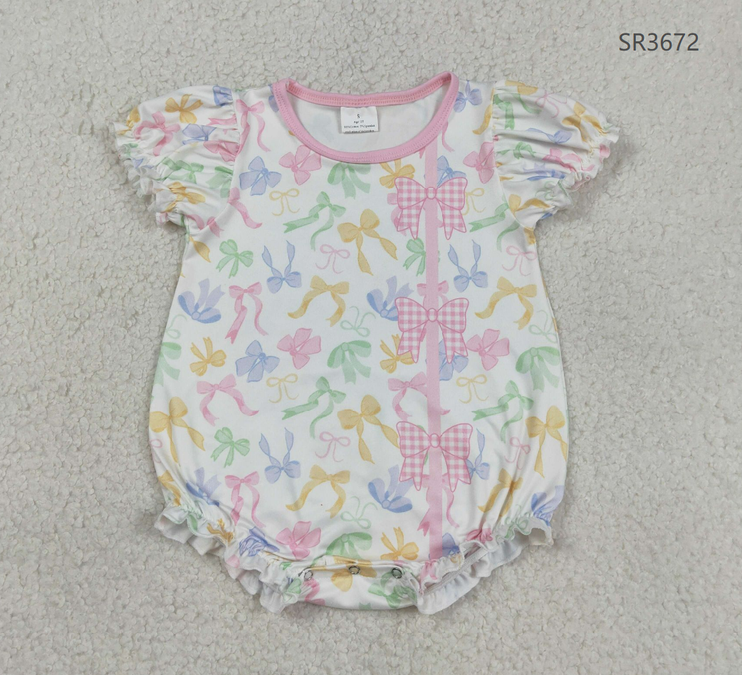 RTS Baby Girls Infant Short Sleeves Colorful Bows Bubble Romper