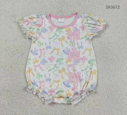 RTS Baby Girls Infant Short Sleeves Colorful Bows Bubble Romper