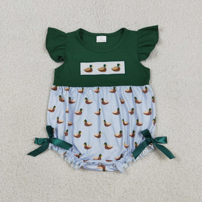 Baby Girls Infant Green Short Sleeves Embroidery Ducks Bows Bubble Romper