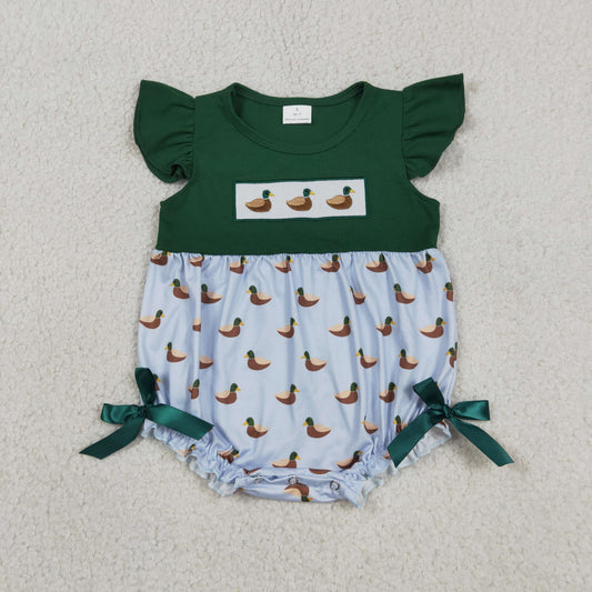 Baby Girls Infant Green Short Sleeves Embroidery Ducks Bows Bubble Romper