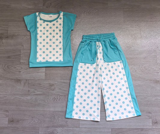 No moq Preorder Baby Girl Kids Short Sleeves Dots Shirt Pockets Pants Set Clothes