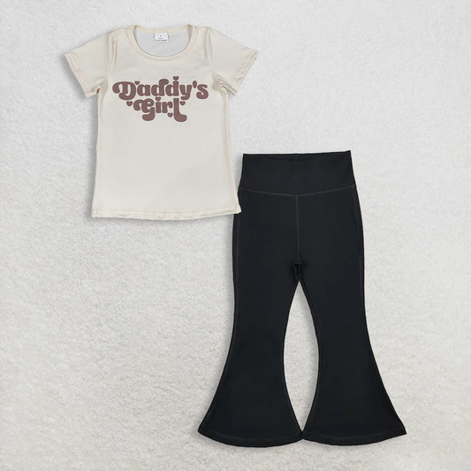 RTS Baby Girl Kids Short Sleeves Daddy's Shirt Black Bell Pants Set Clothes
