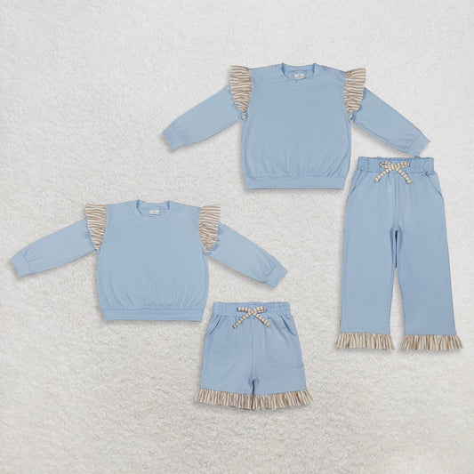 Sibling Baby Girls Kids Long Sleeves Shirts Pockets Shorts Pants Cotton Blue Sets Clothes