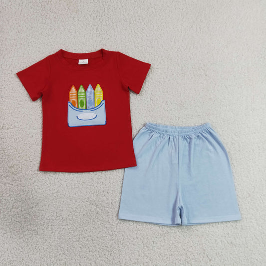 Sibling Baby Boys Girls Kids Embroidery Pencil Red Tops Shorts Back to School Sets