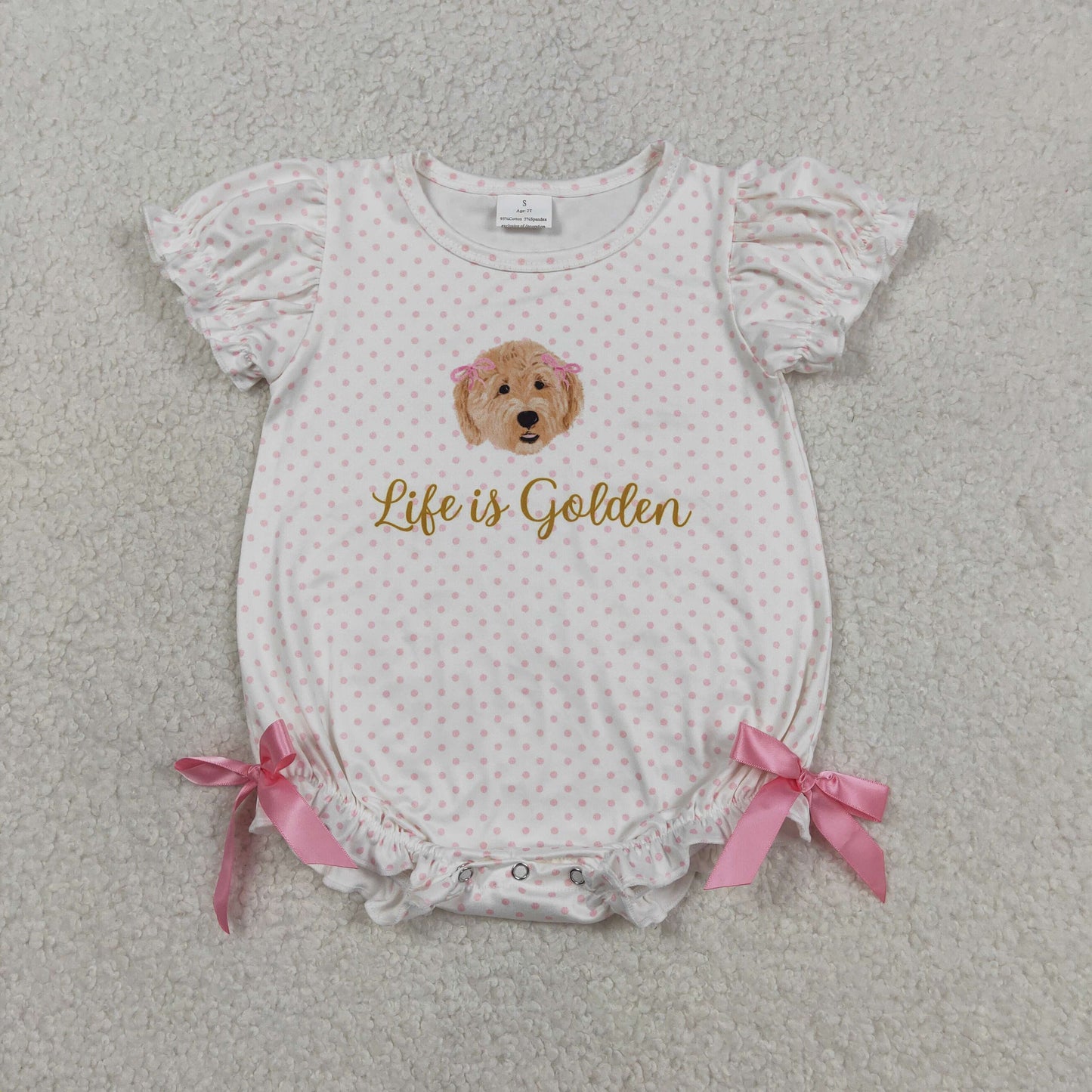 Baby Girls Infant Short Sleeves Dogs Dots Bows Bubble Romper RTS