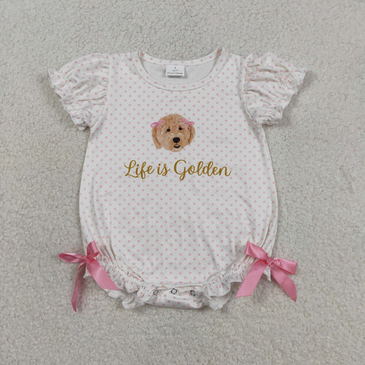 Baby Girls Infant Short Sleeves Dogs Dots Bows Bubble Romper RTS