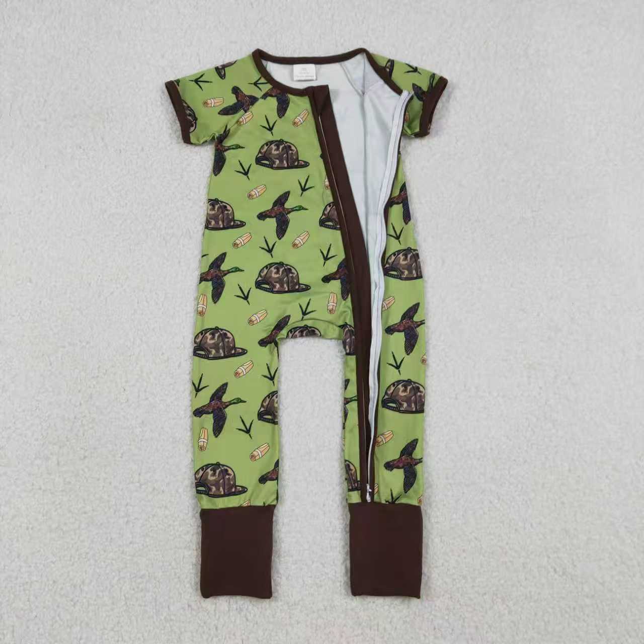 Sibling Baby Boys Short Sleeves Ducks Camo Hats Hunting Green Zipper Romper Outfit Pajamas