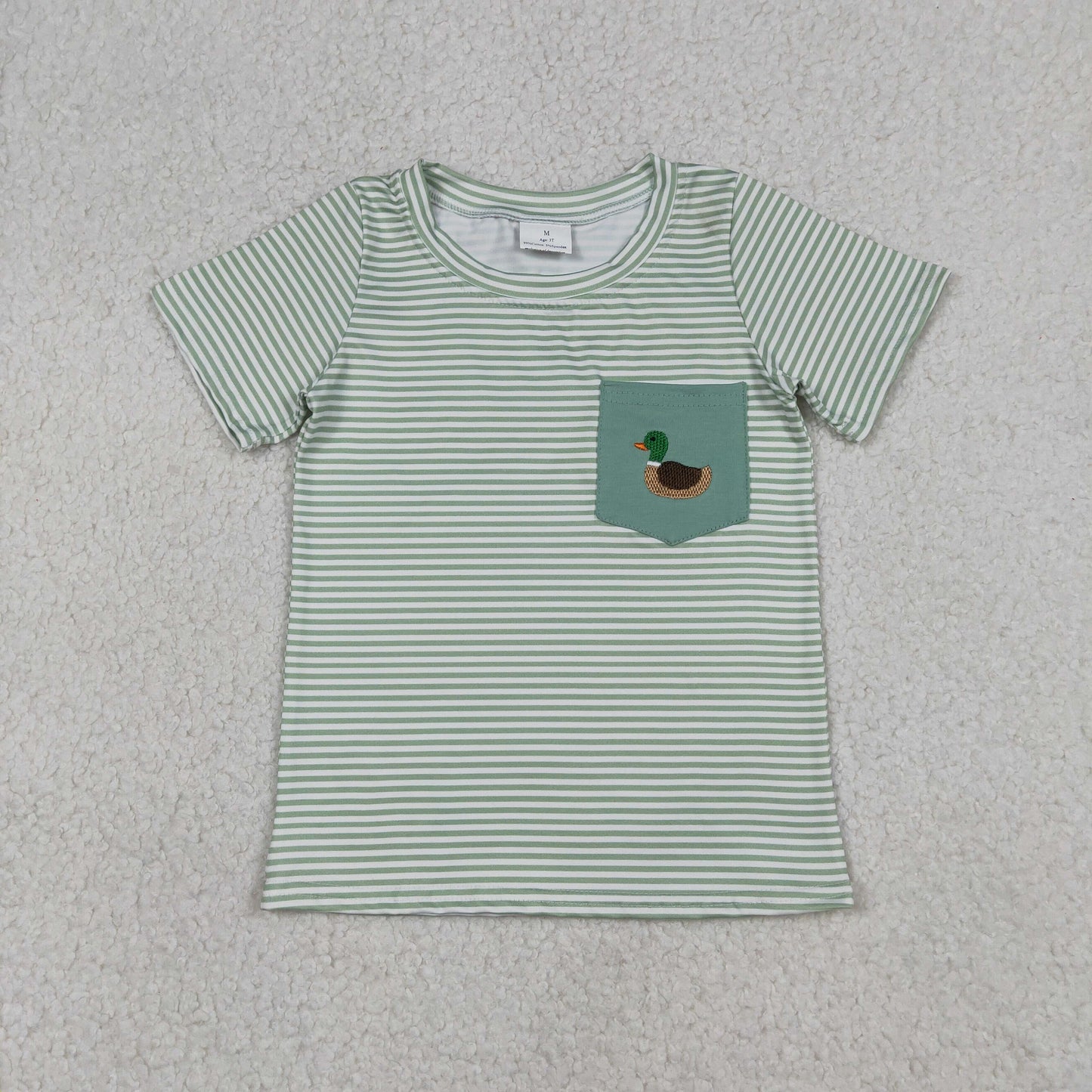 Sibling Baby Boys Kids Short Sleeves Embroidery Duck Pocket Green Stripes Romper Shirt