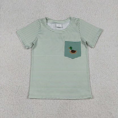 Sibling Baby Boys Kids Short Sleeves Embroidery Duck Pocket Green Stripes Romper Shirt
