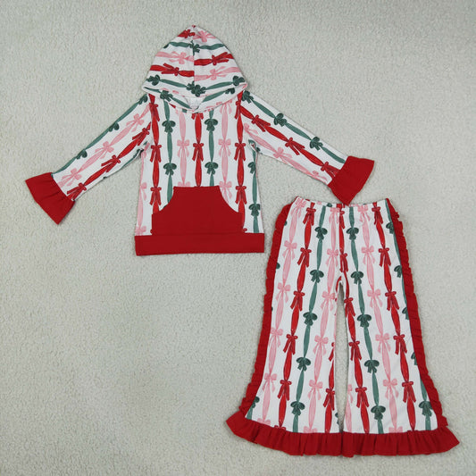 Baby Girls Kids Christmas Bows Stripes Hoodie Pocket Hoodie Ruffle Pants Set Clothes